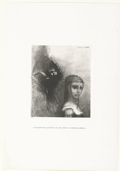 E un grande uccello, che scende dal cielo, si posa sulla sommità della sua acconciatura da Odilon Redon