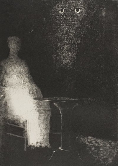 Continuavo a fissare la sedia e immaginavo di vedere su di essa un contorno nebbioso azzurro pallido di una figura umana, tavola 1 di 6 da Odilon Redon