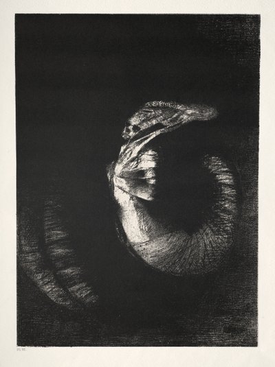 È un teschio incoronato di rose. Domina il torso di una donna di bianco perlaceo da Odilon Redon