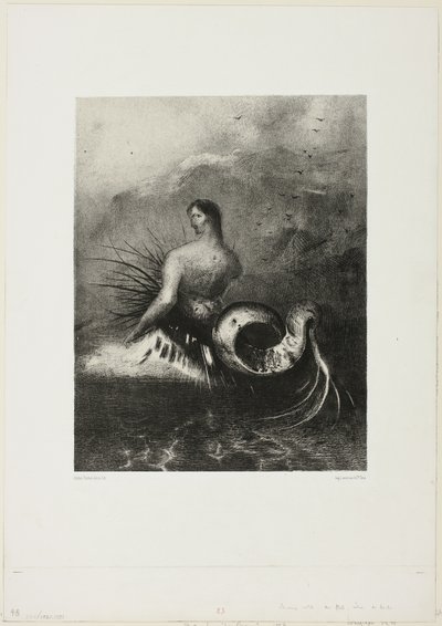 Sirena che esce dalle onde, vestita di fiamme, tavola 4 di 8 da "Le Origini" da Odilon Redon