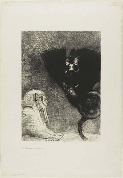 La Sfinge: "...il mio sguardo che nulla può deviare, passando attraverso gli oggetti, rimane fisso su un orizzonte inaccessibile." La Chimera: "Quanto a me, sono leggera e gioiosa," tavola 5 da A Gustave Flaubert da Odilon Redon