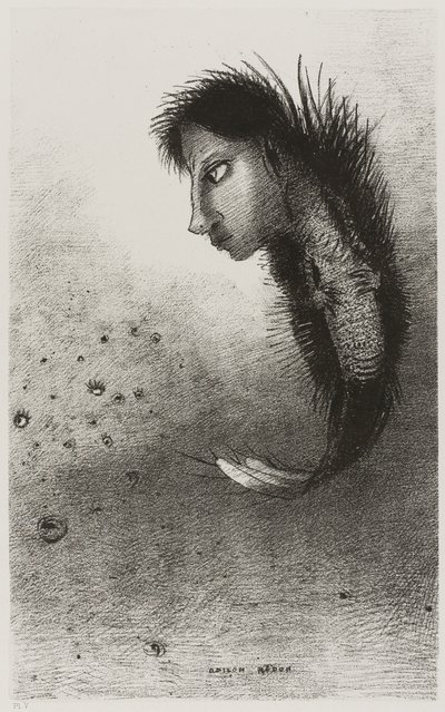 Appare un essere singolare, con la testa di un uomo sul corpo di un pesce, tavola 5 di 10 da Odilon Redon