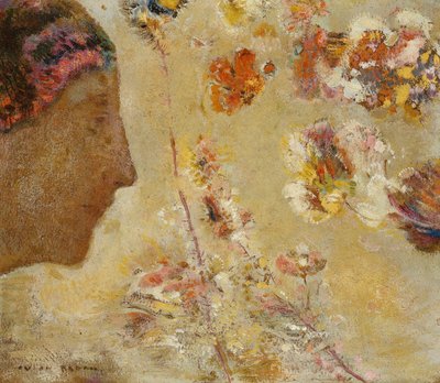Donna di profilo con farfalla e fiori da Odilon Redon