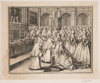 Il vescovo Hersleb unge la regina Luisa nella chiesa del castello di Frederiksborg. Illustrazione per l
