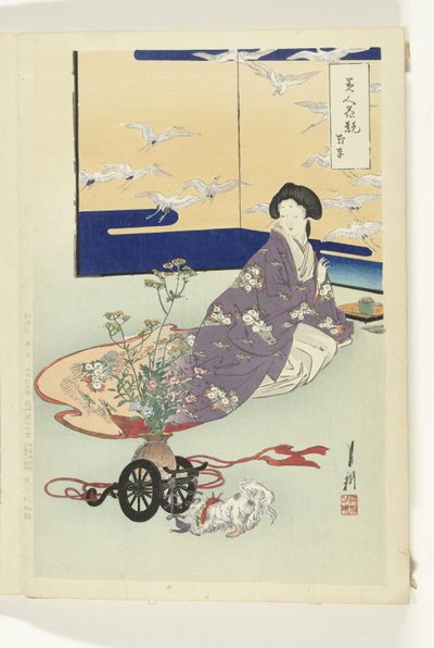 Cagnolino che gioca con un carro di fiori da Ogata Gekko