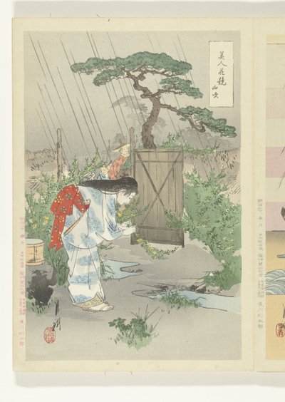 Donna che si china su un cespuglio di Yamabuki da Ogata Gekko