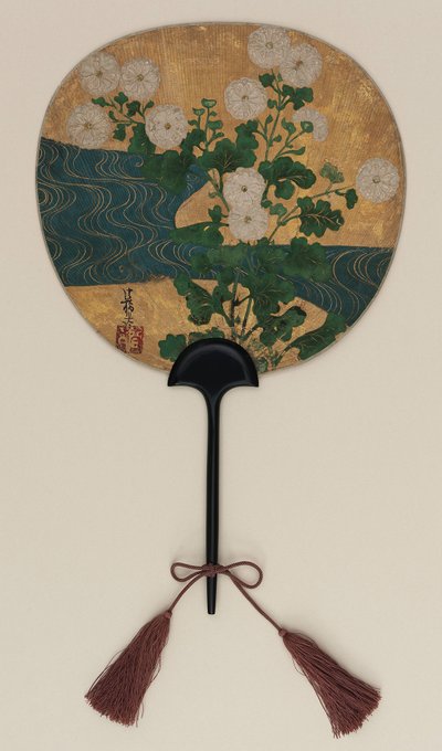 Ventaglio; da un lato Narihira e il pellegrino; dall