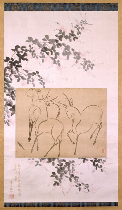 Disegno preliminare di tre cervi montati su un rotolo appeso da Ogata Korin