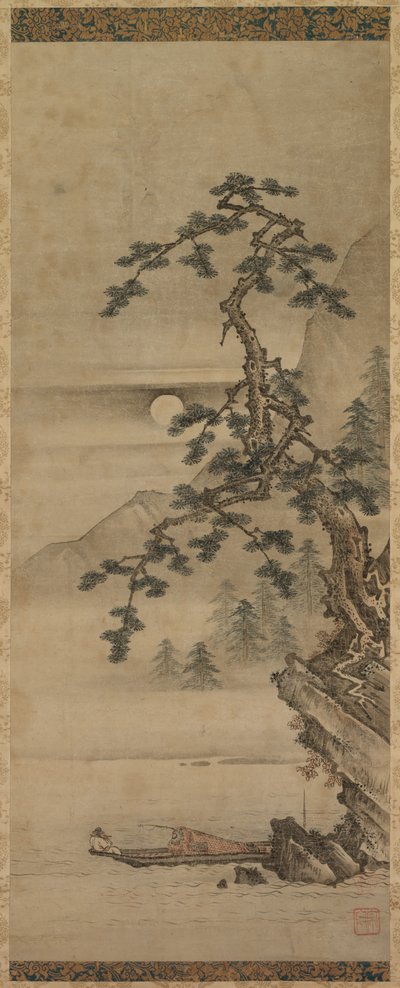 Paesaggio al chiaro di luna con pino e vecchio in barca, periodo Muromachi, 1392-1573 da Oguri Sotan