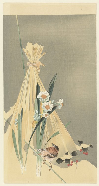Uccello canoro vicino a un covone di fieno da Ohara Koson (attributed to)