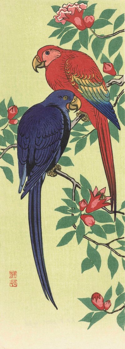Un pappagallo rosso e uno blu da Ohara Koson