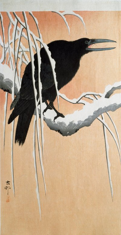 Un corvo su un ramo innevato da Ohara Koson