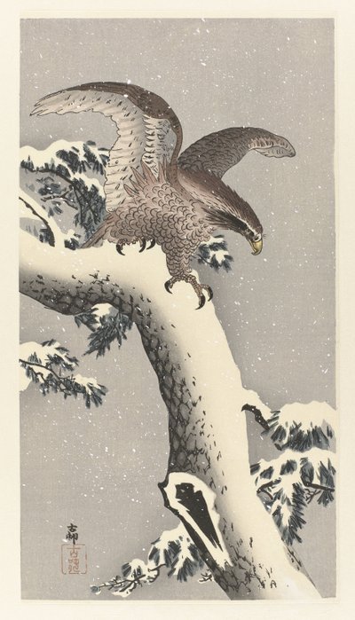 Aquila su pino innevato da Ohara Koson