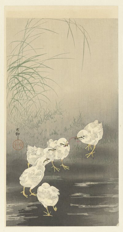 Pulcini e verme da Ohara Koson