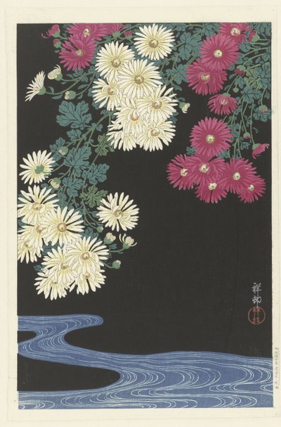 Crisantemi e acqua corrente da Ohara Koson