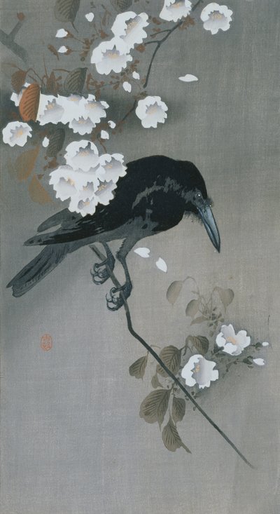 Corvo su un ramo di ciliegio in fiore da Ohara Koson