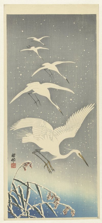 Aironi discendenti nella neve da Ohara Koson