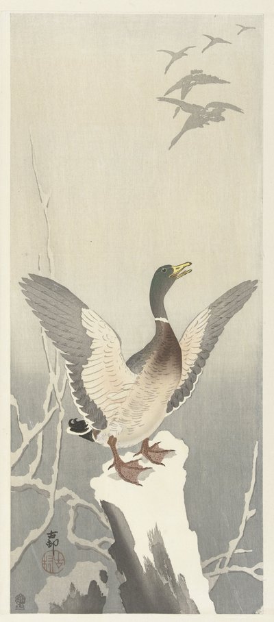 Anatra su un ceppo innevato da Ohara Koson