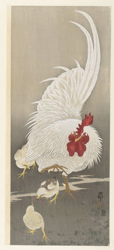Gallo e tre pulcini da Ohara Koson