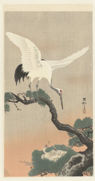 Gru giapponese su un ramo di pino da Ohara Koson
