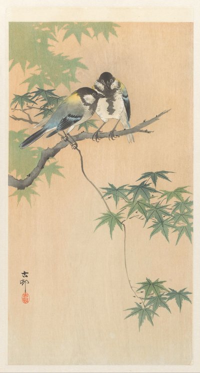 Cinciallegre su ramo di acero da Ohara Koson