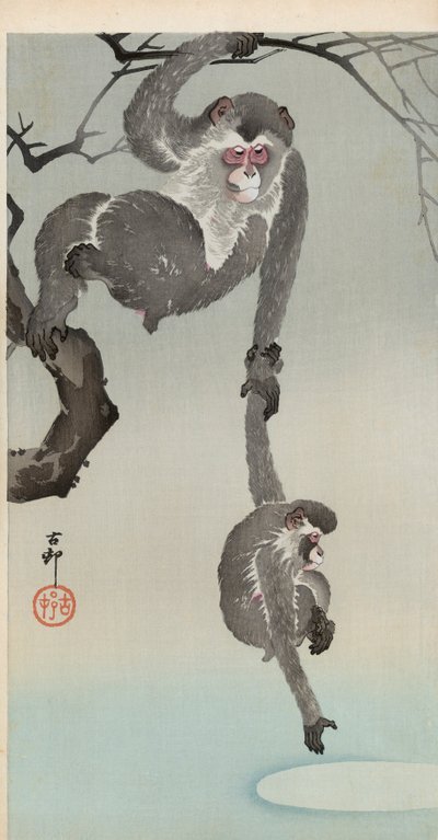 Scimmia e cucciolo che cercano di afferrare il riflesso della luna da Ohara Koson