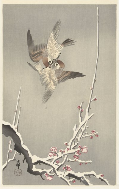 Passeri e prugno innevato da Ohara Koson