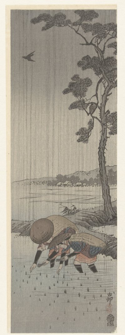Piantatori di riso sotto la pioggia da Ohara Koson