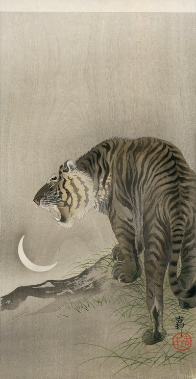 Tigre ruggente e luna crescente da Ohara Koson