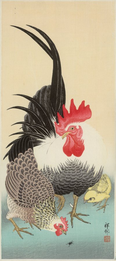 Gallo, gallina e pulcino con formica da Ohara Koson
