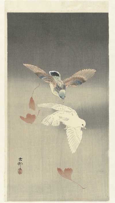 Due colombe con foglie di ginkgo cadenti da Ohara Koson