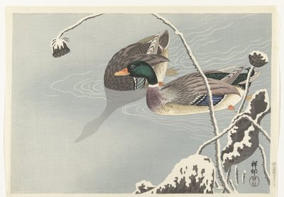 Due germani vicino a un loto coperto di neve da Ohara Koson