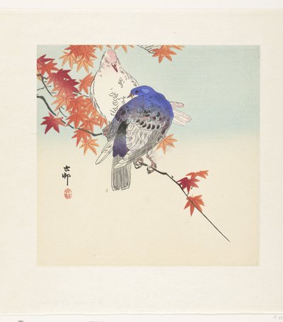 Due piccioni su un ramo con foglie autunnali da Ohara Koson
