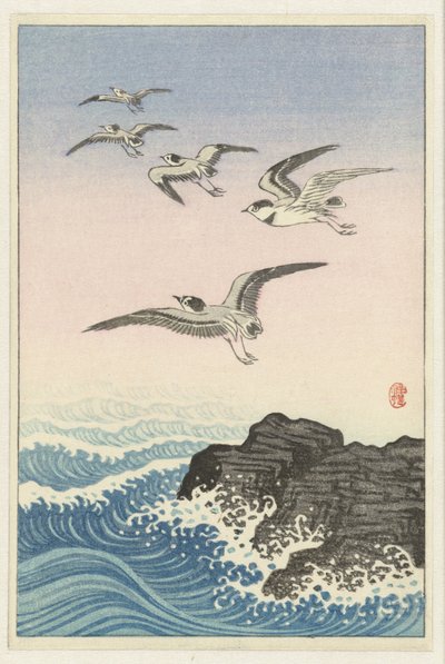 Cinque gabbiani sopra una roccia nel mare da Ohara Koson
