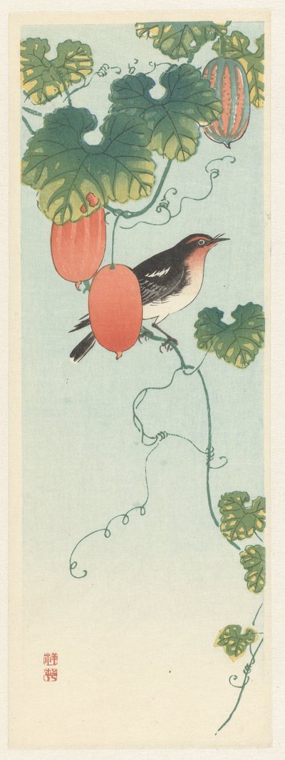 Uccello canoro in una pianta di cetriolo da Ohara Koson