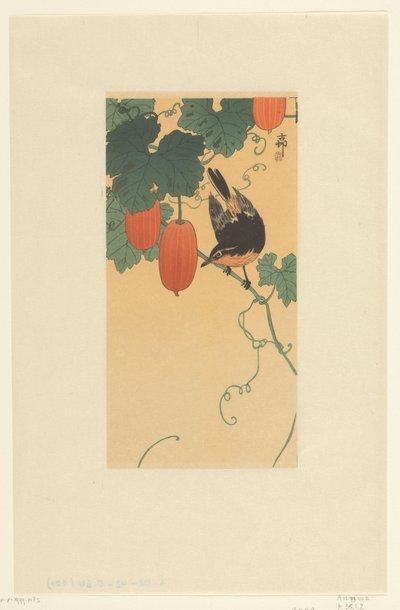 Uccello canoro su una pianta con frutti rossi da Ohara Koson