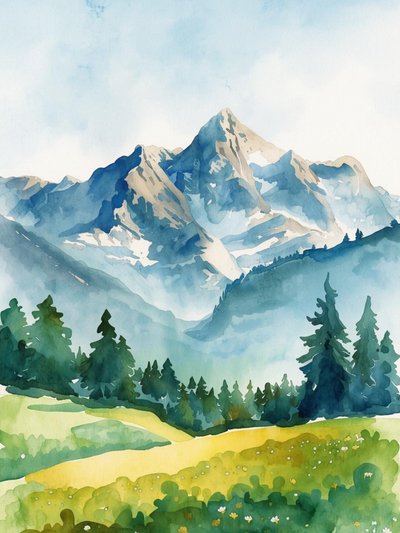 Montagne serene dipinte ad acquerello da Ohkimiko