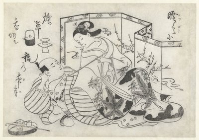 Uomo e donna giapponesi che fumano davanti a un paravento da Okumura Masanobu (attributed to)