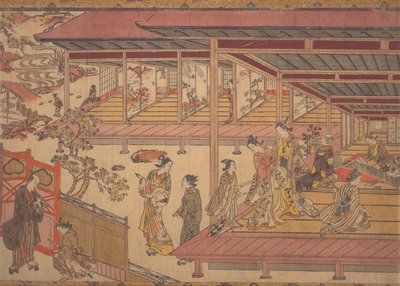 Un uomo in piedi fuori dal cancello di una grande casa da Okumura Masanobu