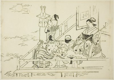 Cortigiana che intrattiene Daikoku e Fukurokuju, n. 10 da una serie di 12 stampe da Okumura Masanobu
