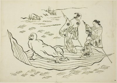Daruma che attraversa il mare su una foglia, n. 7 da una serie di 12 stampe da Okumura Masanobu