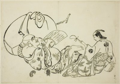 Hotei che legge un libro, n. 11 da una serie di 12 stampe da Okumura Masanobu