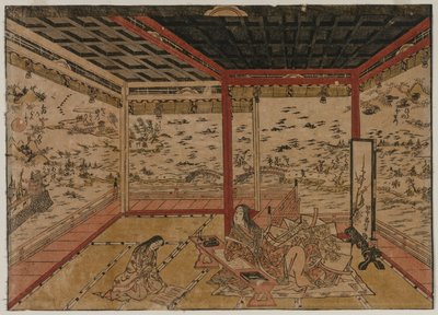 Lady Murasaki a Ishiyama con vista panoramica sugli Otto panorami del lago Biwa da Okumura Masanobu