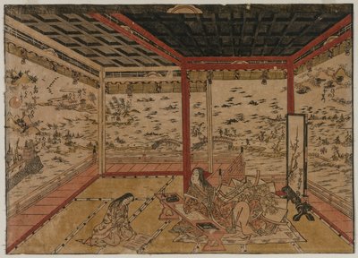 Lady Murasaki a Ishiyama con vista panoramica su sette vedute del lago Biwa, 1740 da Okumura Masanobu