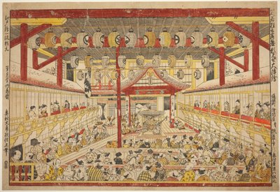Grande quadro prospettico della performance Kaomise sul palco Kabuki (Shibai kyogen butai kaomise o uki-e) da Okumura Masanobu
