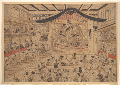 Veduta prospettica (uki-e) di un teatro kabuki, con una rappresentazione di I motivi araldici dei fratelli Soga e Nagoya Sanza (Mon-zukushi Nagoya Soga) da Okumura Masanobu
