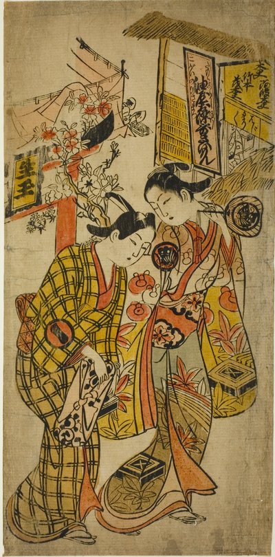 Gli attori Sanjo Kantaro II come Osome e Ichikawa Monnosuke come Hisamatsu nella commedia "Osome Hisamatsu Tamoto no Shiro Shibori," rappresentata al teatro Morita, 1720 da Okumura Masanobu