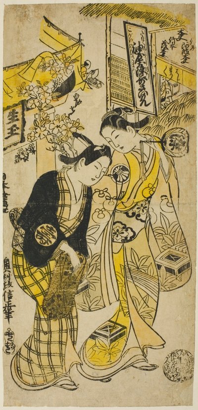 Gli attori Segawa Kikunojo I come Osome e Sodesaki Kikutaro come Hisamatsu nella commedia "Osome Hisamatsu Shinju," rappresentata al Teatro Nakamura nel sesto mese, 1731 da Okumura Masanobu