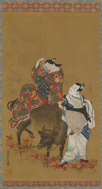 Due attori kabuki nei ruoli di una cortigiana su un bufalo d