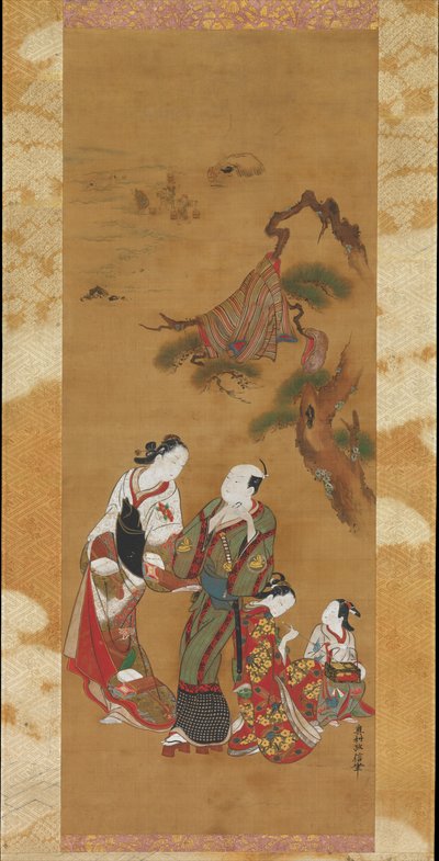 Yukihira und zwei Bräutjungfern in Suma da Okumura Masanobu